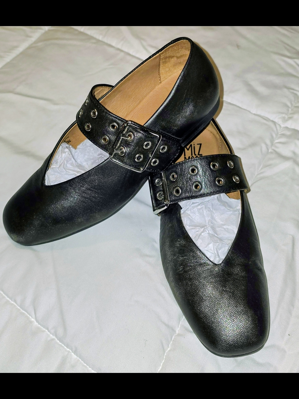 Miz Mooz Black Leather Mary Jane Flats with Buckle Strap
